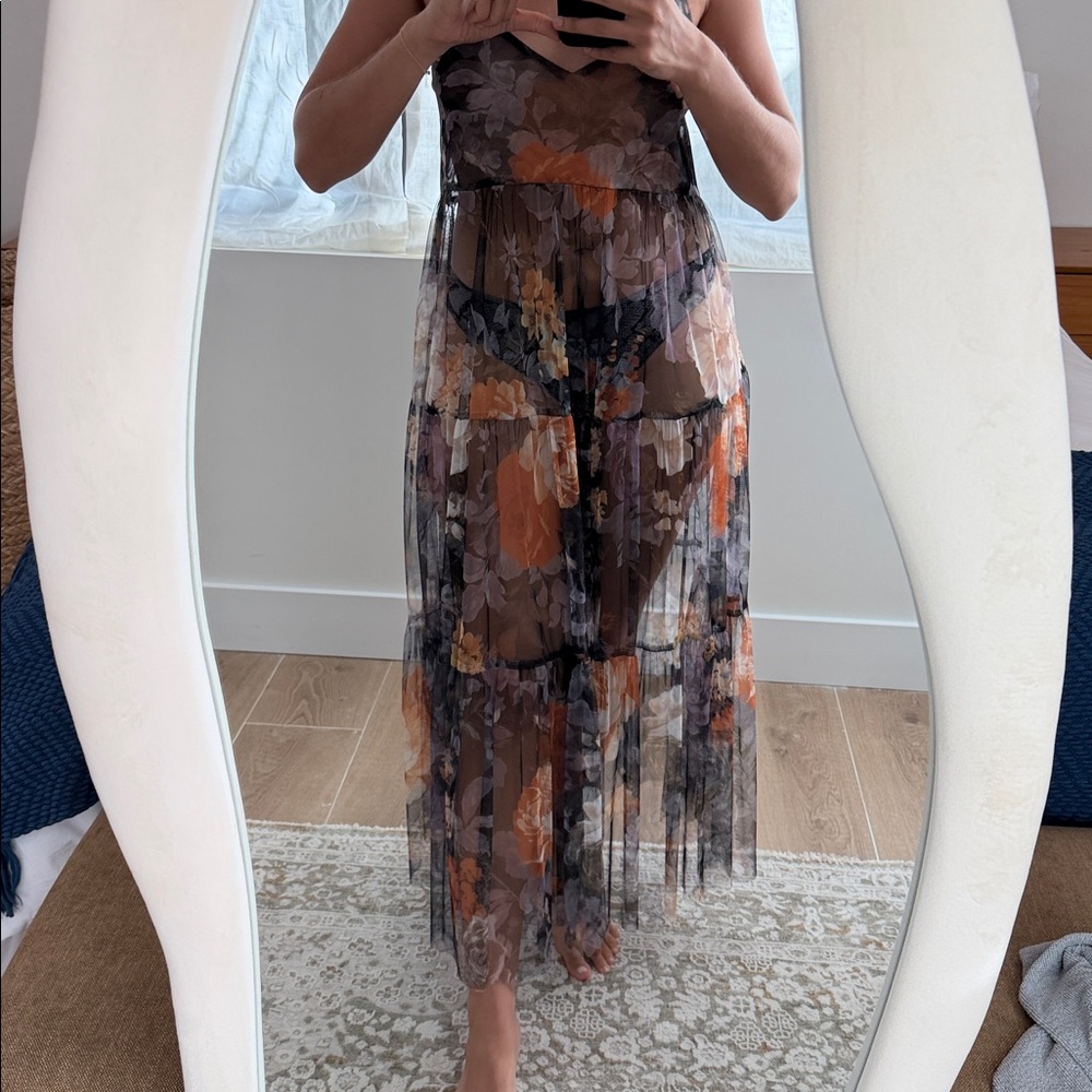 Madame Shoushou Womens Sheer Floral Dress Tiered Strappy Maxi Multicolor Small